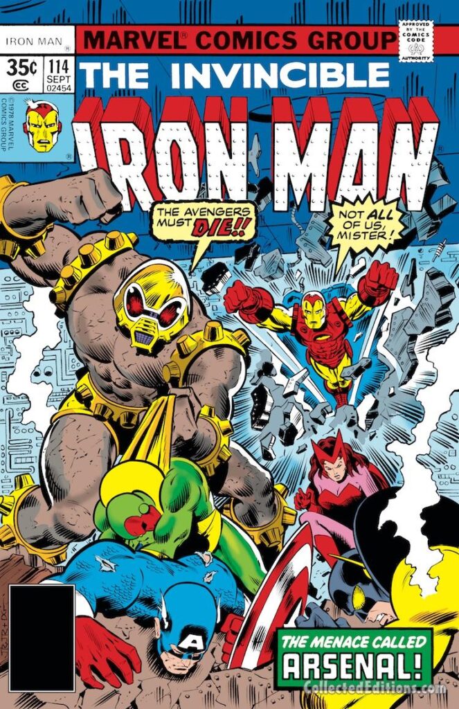 Iron Man #114 cover; pencils, John Romita Jr.; inks, Dan Green; Arsenal, Avengers, Captain America, Scarlet Witch, Vision, Yellowjacket