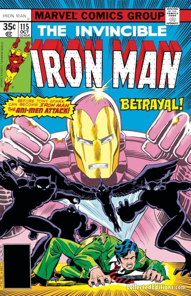 Iron Man #115 cover; pencils, John Romita Jr.; inks, Bruce Patterson; Tony Stark, The Ani-Men, Bird-Man, Cat-Man, Frog-Man, Ape-Man