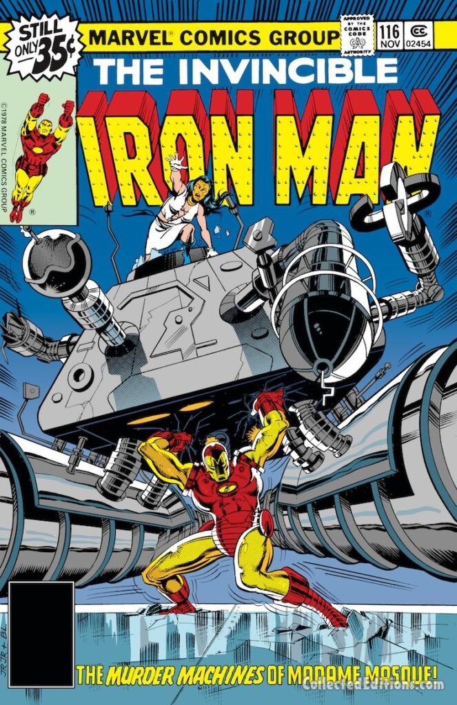 Iron Man #116 cover; pencils, John Romita Jr.; inks, Bob Layton; The Murder Machines of Madame Masque