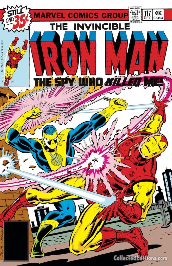 Iron Man #117 cover; pencils, John Romita Jr.; inks, Bob McLeod; The Spy Who Killed Me, Spymaster