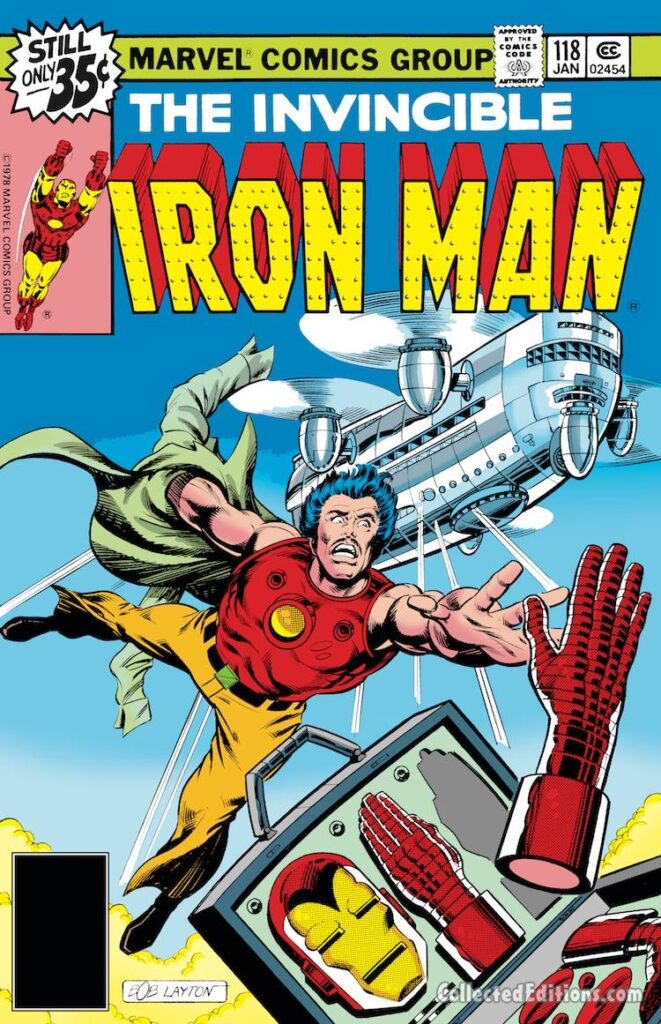 Iron Man #118 cover; pencils and inks, Bob Layton; armor suitcase, SHIELD Helicarrier, Tony Stark