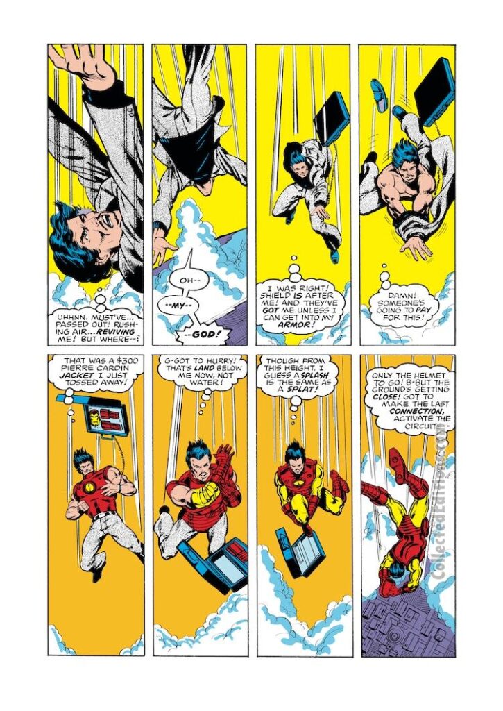 Iron Man #118, pg. 12; layouts, John Byrne; pencils and inks, Bob Layton; Tony Stark falls from sky putting on armor, SHIELD Helicarrier, escape