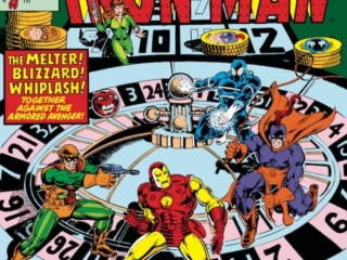 Iron Man #123 cover; pencils and inks, Bob Layton; The Melter, Blizzard, Whiplash, spinning wheel, gambling, Bethany Cabe, roulette wheel