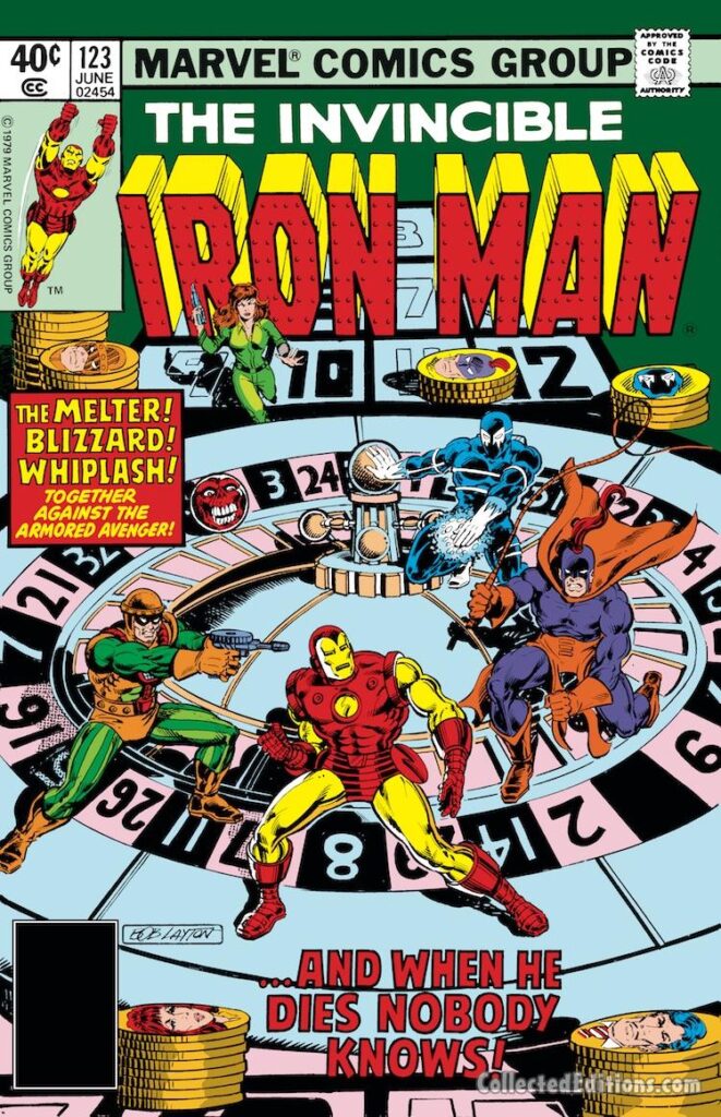 Iron Man #123 cover; pencils and inks, Bob Layton; The Melter, Blizzard, Whiplash, spinning wheel, gambling, Bethany Cabe, roulette wheel