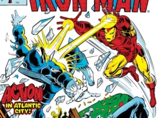 Iron Man #124 cover; pencils, John Romita Jr.; inks, Bob Layton; Action in Atlantic City, The Melter, Blizzard, Whiplash, Invincible