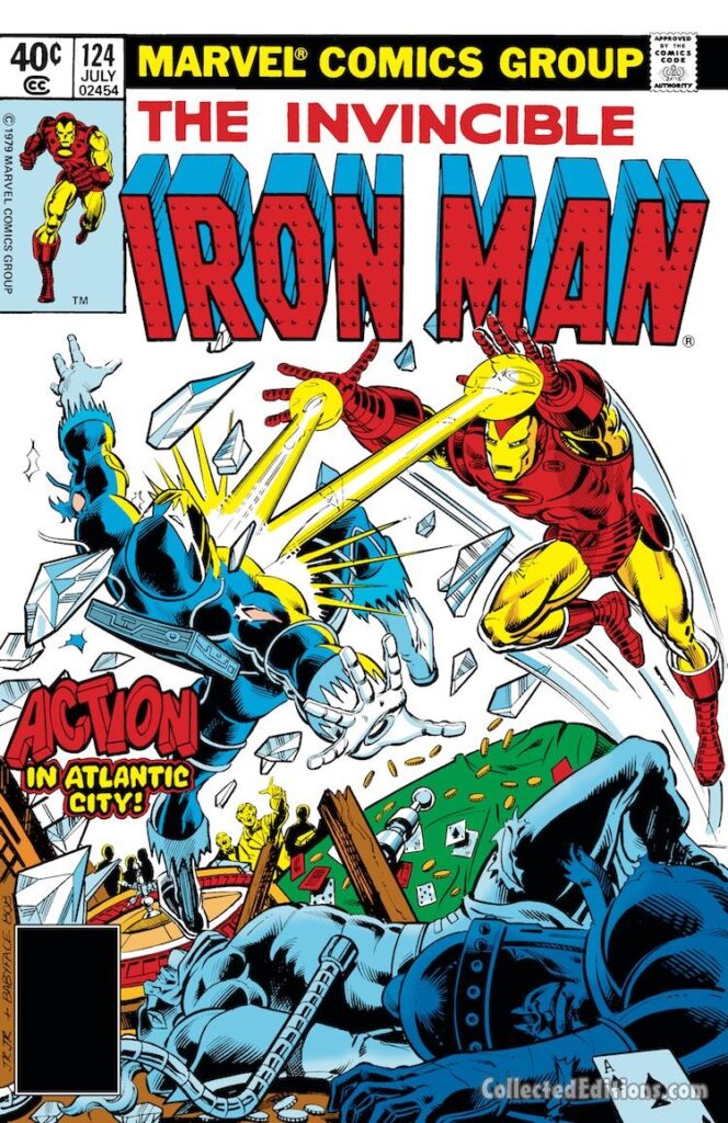 Iron Man #124 cover; pencils, John Romita Jr.; inks, Bob Layton; Action in Atlantic City, The Melter, Blizzard, Whiplash, Invincible