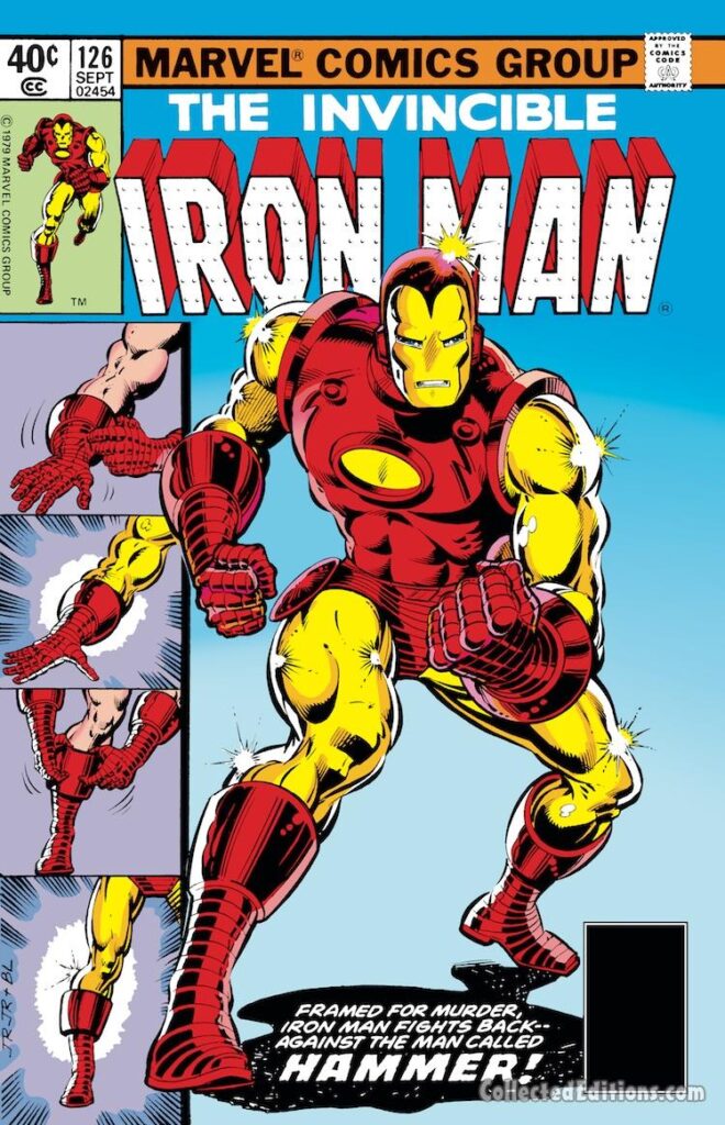 Iron Man #126 cover; pencils, John Romita Jr.; inks, Bob Layton; iconic cover, armor, Hammer