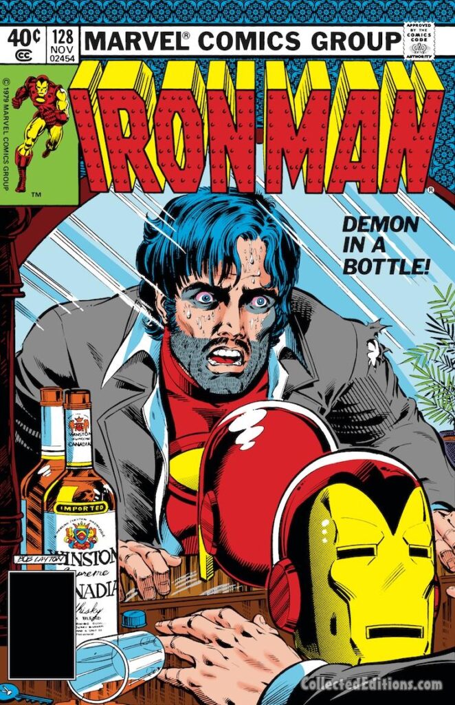 Iron Man #128 cover; pencils and inks, Bob Layton; Demon in a Bottle, Tony Stark alcoholism, drunk