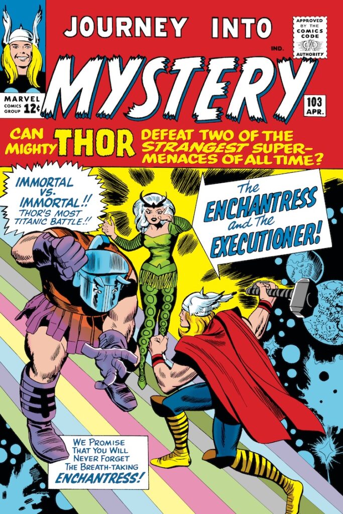 Journey Into Mystery #103 cover; pencils, Jack Kirby; inks, George Roussos; Mighty Thor, Enchantress, executioner