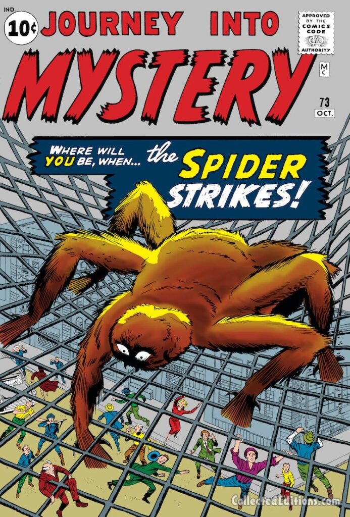 Journey Into Mystery #73 cover; pencils, Jack Kirby; inks, George Klein; The Spider Strikes, Marvel August 1961 Omnibus