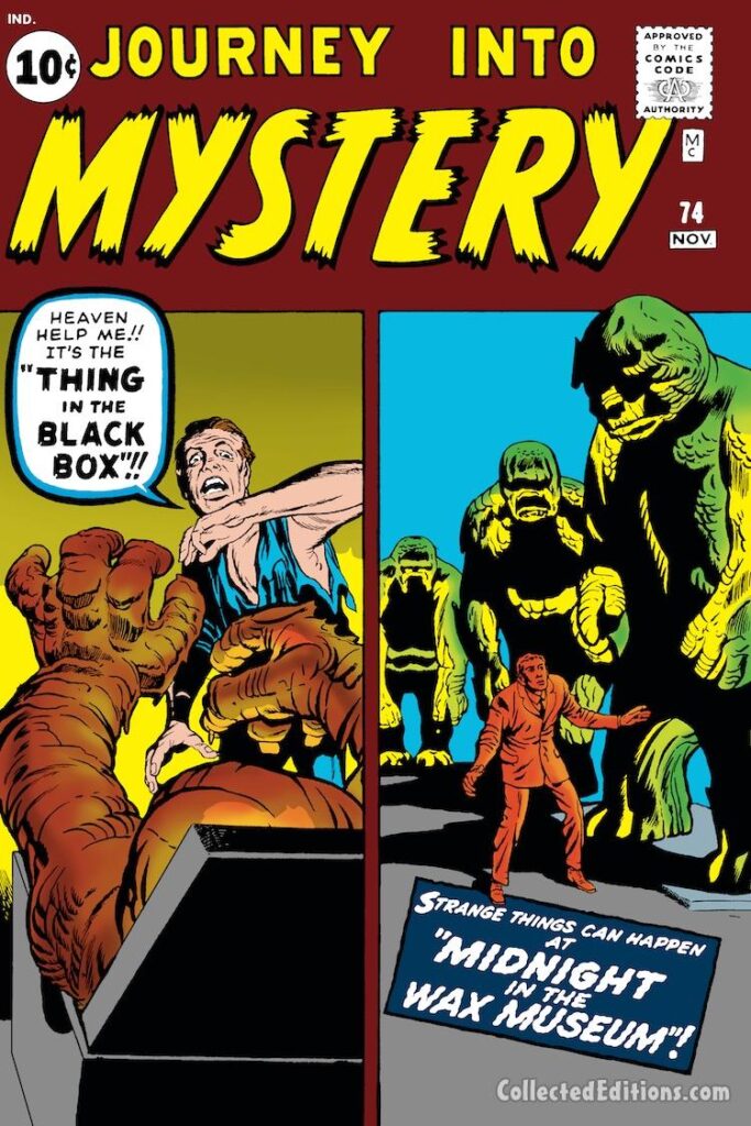 Journey Into Mystery #74 cover; pencils, Jack Kirby; inks, Dick Ayers; Midnight at the Wax Museum, The Thing in the Black Box, Marvel August 1961 Omnibus