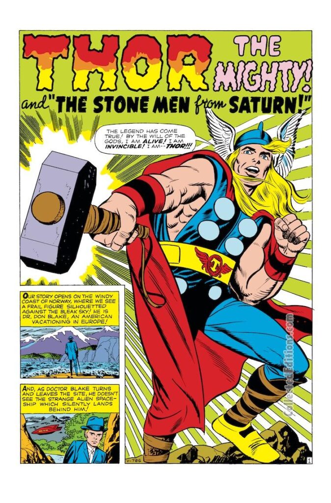 Journey into Mystery #83. Thor in “The Stone Men from Saturn!”, pg. 1; pencils, Jack Kirby; inks, Joe Sinnott; Dr. Don Blake, origin, first appearance, son of Odin, Mjolnir, hammer