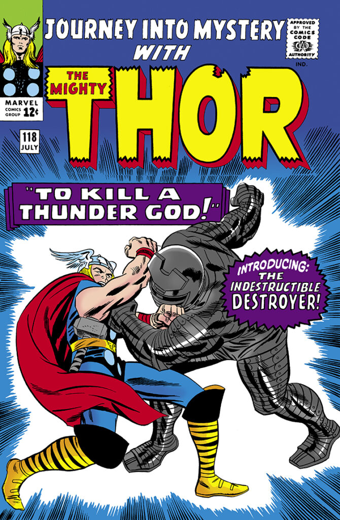 Journey into Mystery #118 cover; pencils, Jack Kirby; inks, Frank Giacoia; To Kill a Thunder God, introducing the Indestructible Destroyer, first appearance, Mighty Thor