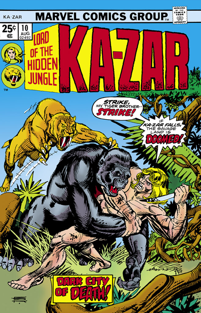 Ka-Zar #10 cover; pencils and inks, Gil Kane; Dark City of Death, gorilla, Zabu, Lord of the Hidden Jungle