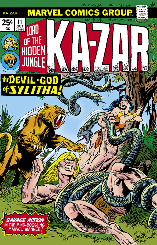 Ka-Zar #11 cover; pencils, Gil Kane; inks, Frank Giacoia; Lord of the Hidden Jungle; Devil-God of Sylitha, Zabu, giant snake