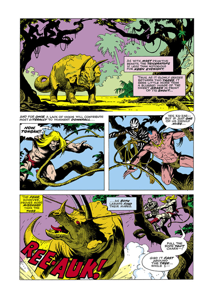 Ka-Zar #12, pg. 5; pencils and inks, Russ Heath; Tongah, Savage Land, Triceratops