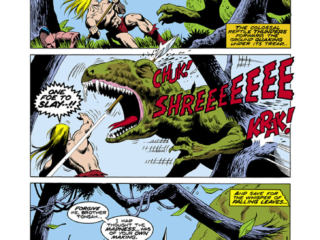 Ka-Zar #14, pg. 3; pencils, Larry Hama; inks, Jack Abel; dinosaur, Savage Land, Tyrannosaurus Rex, Allosaurus