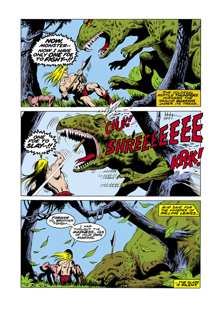 Ka-Zar #14, pg. 3; pencils, Larry Hama; inks, Jack Abel; dinosaur, Savage Land, Tyrannosaurus Rex, Allosaurus