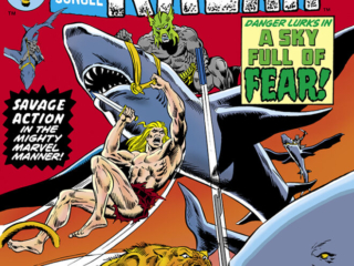 Ka-Zar #17 cover; pencils, Rich Buckler; inks, Frank Giacoia; Lord of the Hidden Jungle; Danger Lurks in a Sky Full of Fear, Savage Action in the Mighty Marvel Manner, flying sharks, Zabu