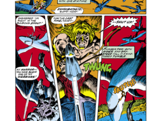 Ka-Zar #20, pg. 3; pencils, Val Mayerik; inks, Ernie Chan; Tandy Snow, shark-men