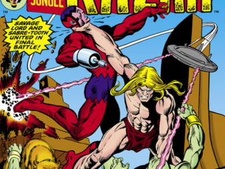 Ka-Zar #20 cover; pencils, Gil Kane; inks, Dan Adkins; Lord of the Hidden Jungle; Savage Lord of Sabretooth united in final battle; Assault on a Fortress of Fear, Klaw, Zabu