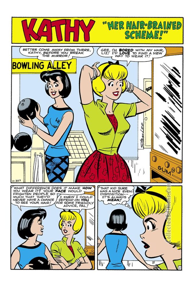 Kathy #13; “Her Hair-Brained Scheme!”, pg. 1; pencils and inks, Stan Goldberg; Liz, Marvel August 1961 Omnibus, bowling alley