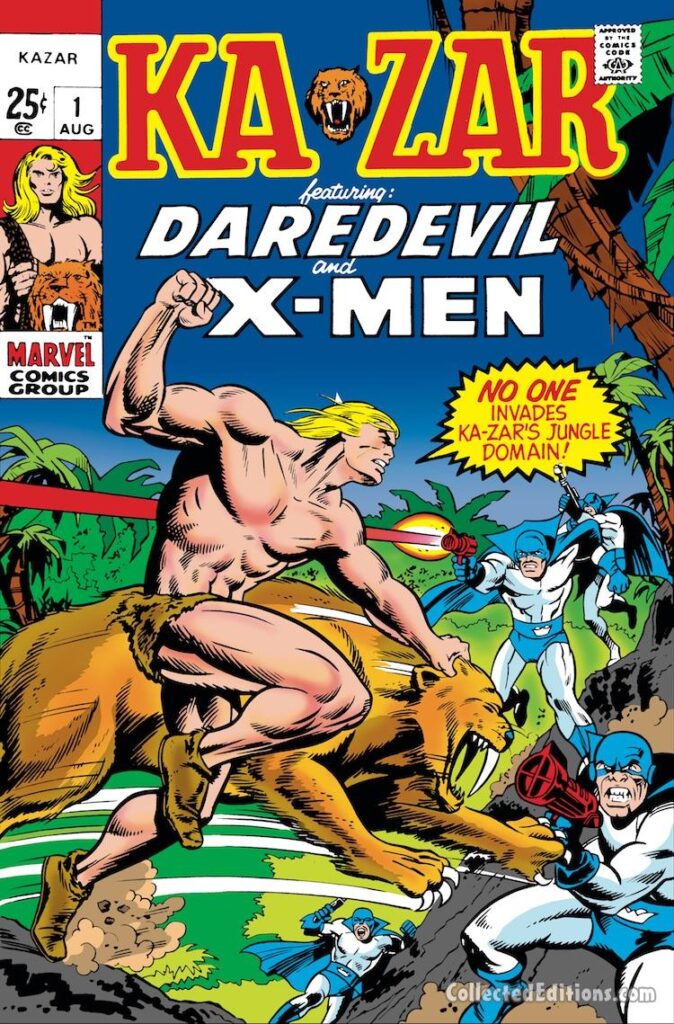 Ka-Zar #1 cover; pencils, Marie Severin; inks, John Verpoorten; First appearance of the Huntsman, Sub-Mariner/Namor, Hercules