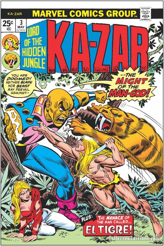 Ka-Zar #3 cover; pencils, Gil Kane; inks, John Romita, Sr.; El Tigre, Zabu, sabertooth tiger
