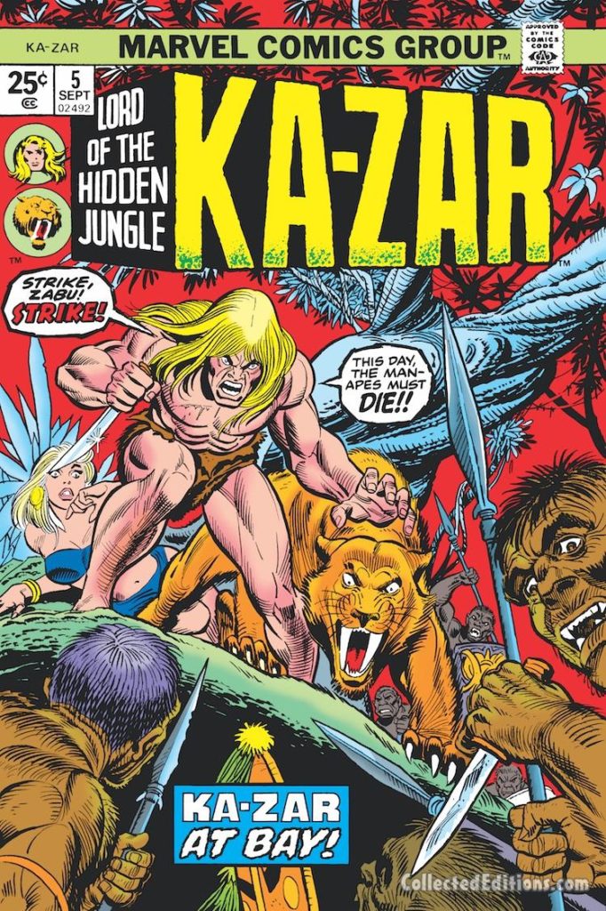 Ka-Zar #5 cover; pencils, Gil Kane; inks, Frank Giacoia; Zabu/Man-Apes