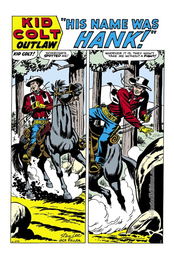 Kid Colt, Outlaw #101; “His Name Was Hank!”, pg. 1; pencils and inks, Jack Keller; Marvel Westerns, Marvel August 1961 Omnibus