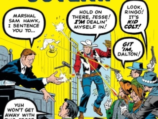 Kid Colt, Outlaw #101 cover; pencils, Jack Kirby; inks, George Klein; Marshal Sam Hawk, Jesse James, Johnny Ringo, Dalton Gang, Outlaw Town, the Younger Gang, Jim Dancer, Marvel Western