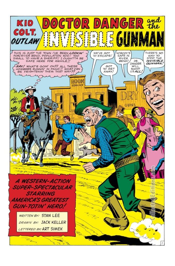 Kid Colt Outlaw #116, pg. 1; pencils and inks, Jack Keller; Doctor Danger and the Invisible Gunman, Stan Lee, splash page