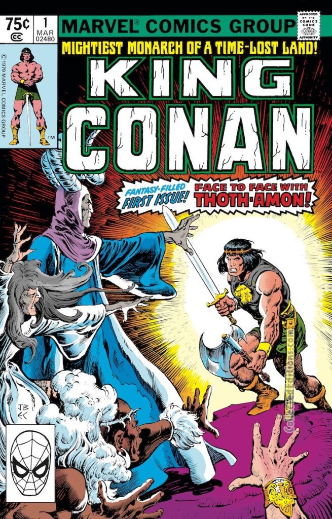 King Conan #1 cover; pencils, John Buscema; inks, Ernie Chan; Fantasy-filled first issue, Face to face with Thoth-Amon, Witchmen of Hyperborea