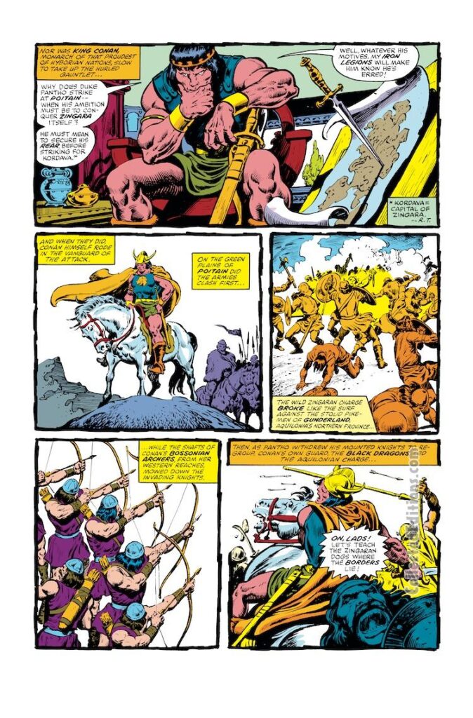 King Conan #2, pg. 3; pencils, John Buscema; inks, Ernie Chan; Duke Pantho, Poitan, Gunderland, Black Dragons, Aquilonia, Bossonian archers