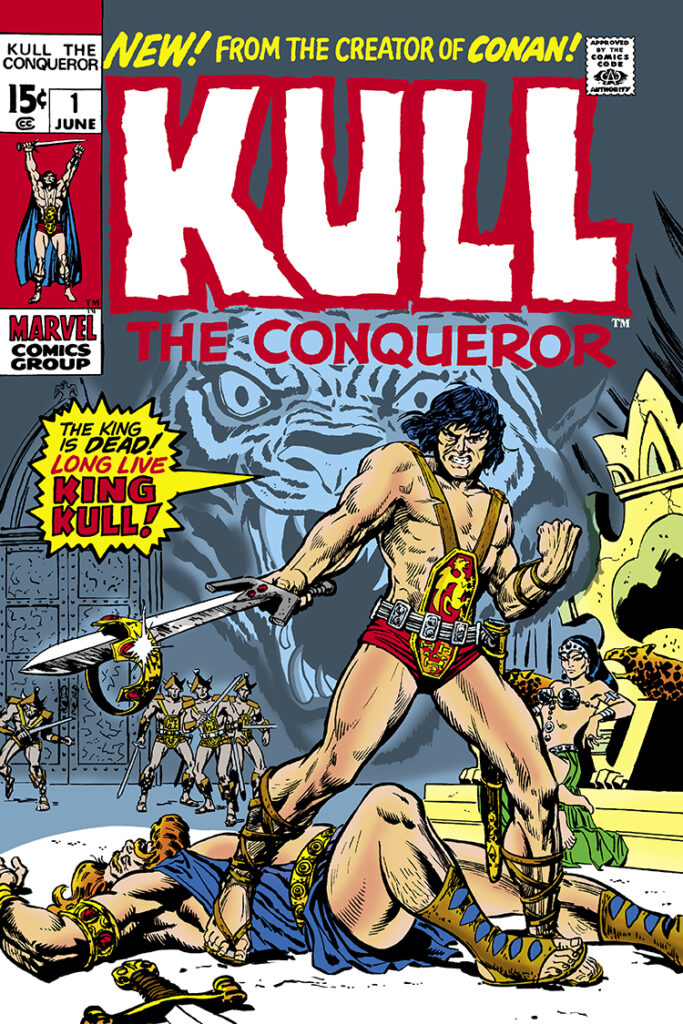 Kull the Conqueror #1 cover; pencils and inks, Marie Severin, first issue, The King is Dead, Long Live King Kull, corner box, Atlantis, tiger god