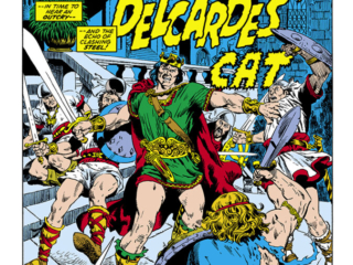 Kull the Conqueror #7, pg. 1; pencils, Marie Severin; inks, John Severin; Delcardes&rsquo; Cat, King Kull, Gerry Conway, splash page, Based on a story by Robert E. Howard, Roy Thomas editor