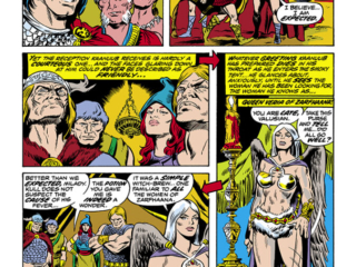 Kull the Conqueror #10, pg. 5; pencils, Marie Severin; inks, Frank Chiaramonte; King Kull, Zarfhaa, Kaanuub, Queen Veria of Zarfhaana