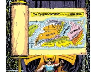 Kull the Conqueror (1982) #1, inside front cover; pencils and inks, John Bolton; King Kull, Robert E. Howard; pinup, inside front cover; map of the Thurian Continent, Atlantis, Valusia, Grondar