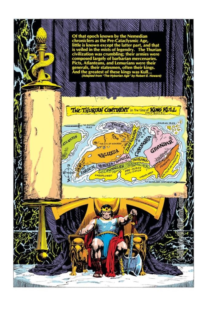 Kull the Conqueror (1982) #1, inside front cover; pencils and inks, John Bolton; King Kull, Robert E. Howard; pinup, inside front cover; map of the Thurian Continent, Atlantis, Valusia, Grondar
