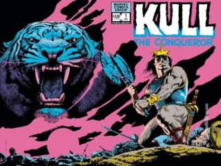 Kull the Conqueror (1982) #1 cover; pencils and inks, John Bolton; King Kull, Robert E. Howard; wraparound, battle axe, tiger warrior, splash page, Valusia
