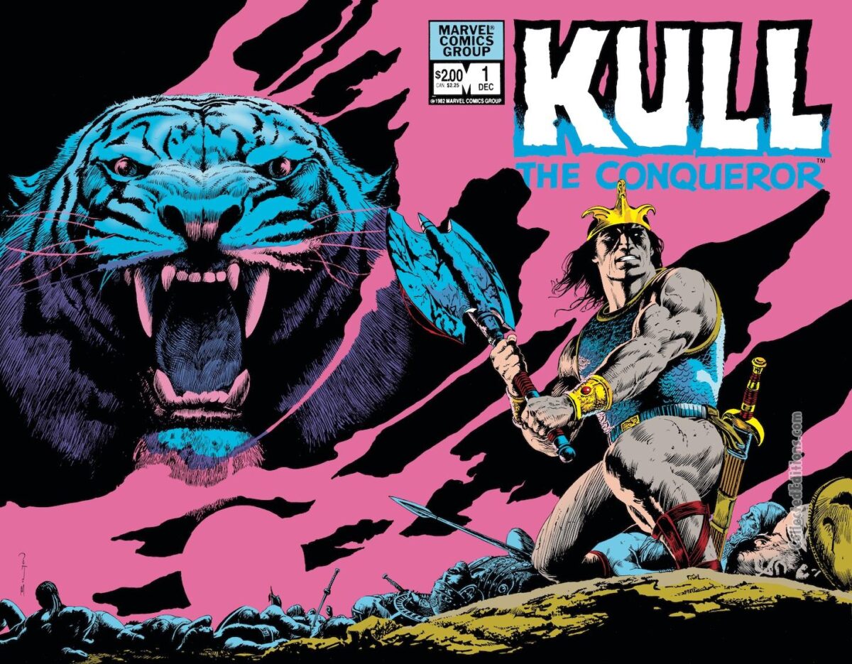 Kull the Conqueror (1982) #1 cover; pencils and inks, John Bolton; King Kull, Robert E. Howard; wraparound, battle axe, tiger warrior, splash page, Valusia