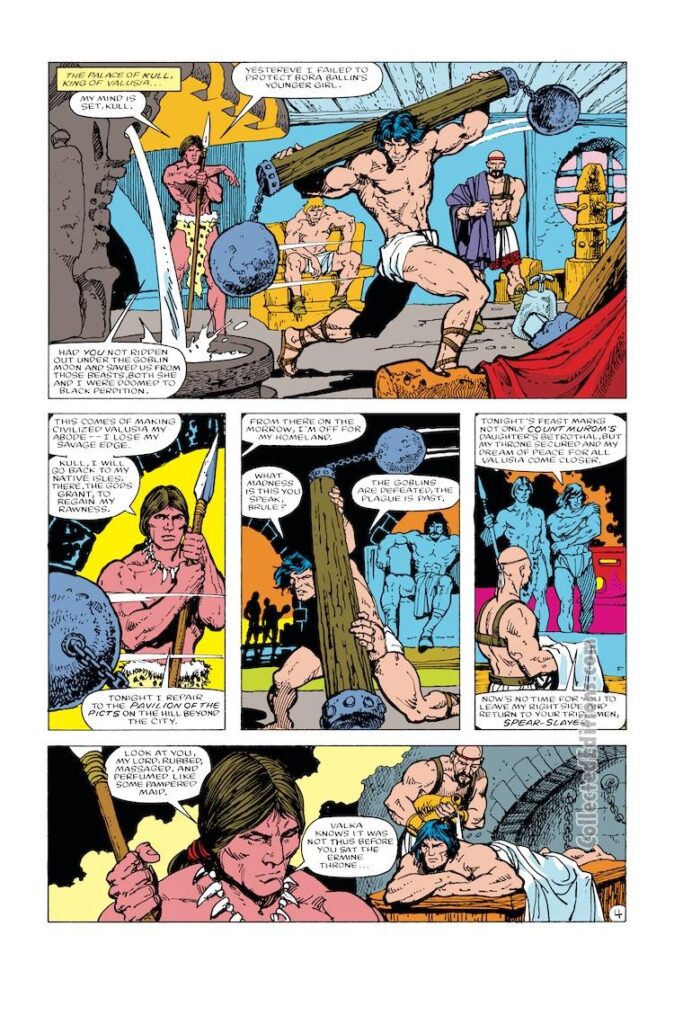 Kull the Conqueror (1983) #7, pg. 4; layouts, John Buscema; pencils and inks, Marie Severin; King Kull, Robert E. Howard; palace, Brule, Bora Ballin