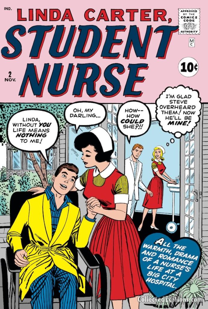 Linda Carter, Student Nurse #2 cover; pencils and inks, uncredited; Steve Stuart, romance, Marvel August 1961 Omnibus