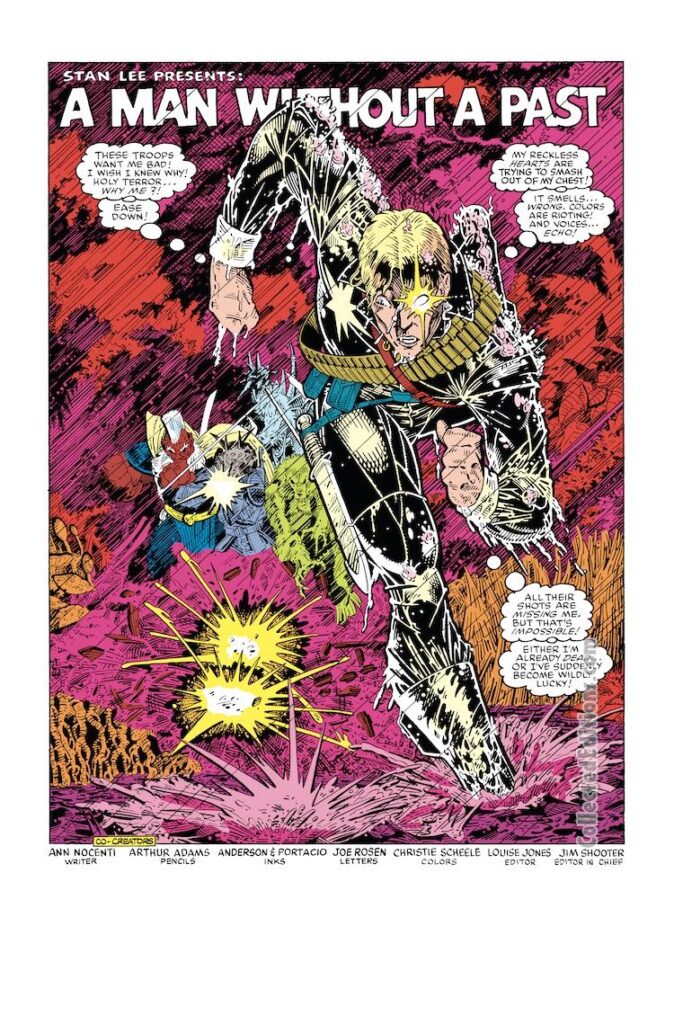 Longshot #1, pg. 1; pencils, Arthur Adams; inks, Bill Anderson, Whilce Portacio, splash page, Ann Nocenti, writer, A Man Without a Past, Stan Lee Presents
