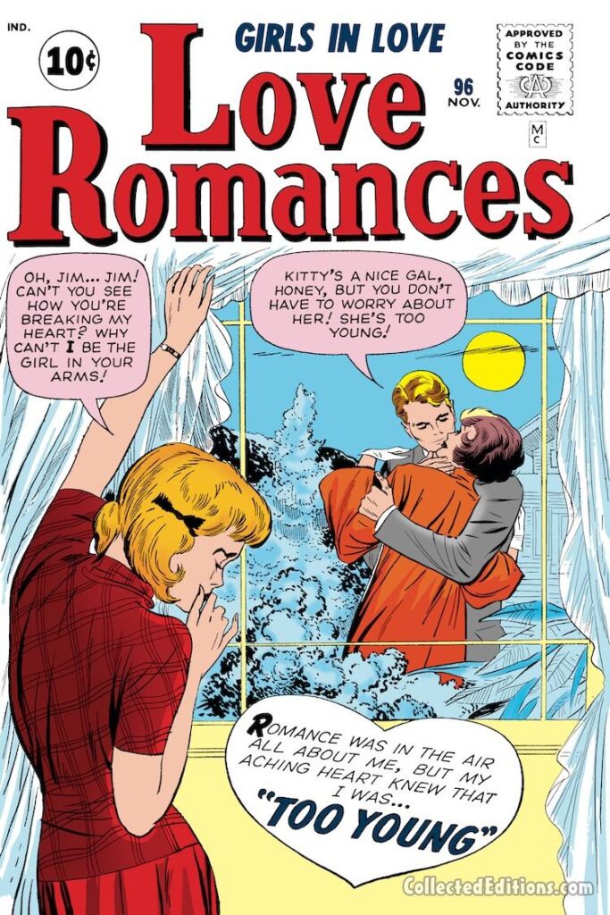 Love Romances #96 cover cover; pencils, Jack Kirby; inks, uncredited; Marvel August 1961 Omnibus; Too Young, Kitty, Jim