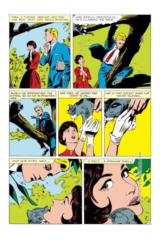 Love Romances #101. “He Never Said a Word!”, pg. 4; pencils, Gene Colan; inks, Dick Ayers; kitten in tree