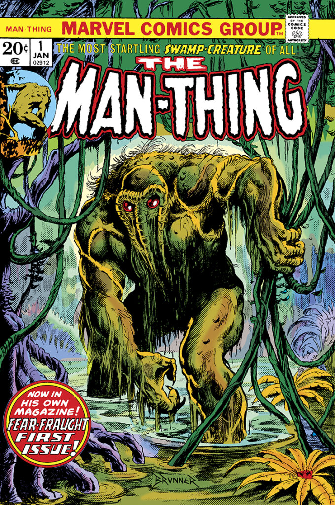 Man-Thing (1974) #1 cover; pencils and inks, Frank Brunner; Now in his own magazine, fear-fraught first issue, The Most Startling Swamp Creature of all