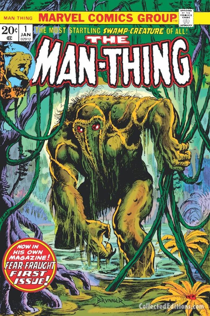 Man-Thing #1 cover; pencils and inks, Frank Brunner; Fear-Fraught First Issue, Steve Gerber