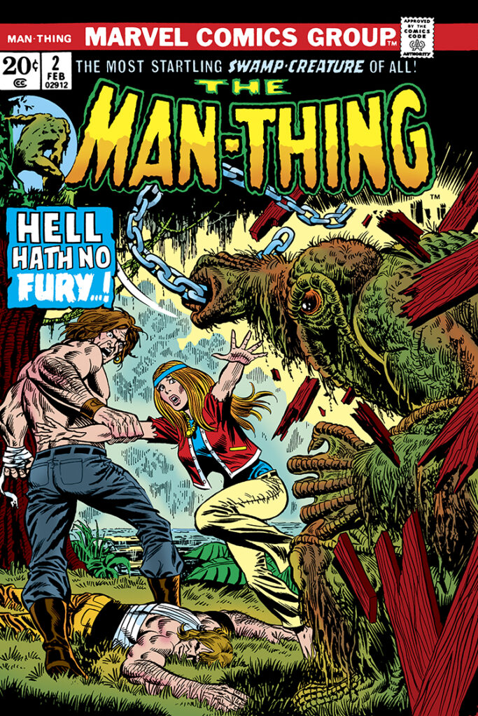 Man-Thing (1974) #2 cover; pencils, Jim Starlin; inks, Frank Giacoia; alterations, Marie Severin; Hell Hath No Fury; Ruth Hart, Richard Rory