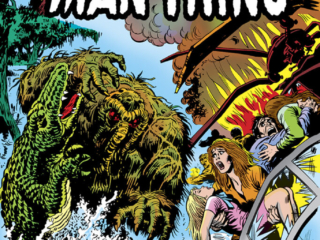 Man-Thing (1974) #3 cover; pencils and inks, John Romita; Death-Winds across the Everglades, Florida, alligators, helicopter